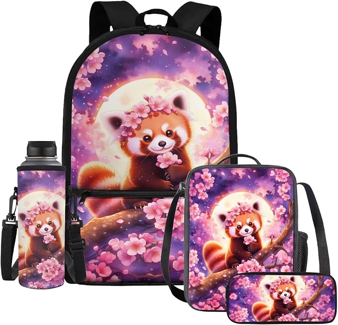 WELLFLYHOM Cherry Blossom Red Panda Backpack for School Kids Girls 4-7 4PCS | Moon Book Bag with Lunch Bag Pencil Case Waterbottle Sleeve Back to School Supplies