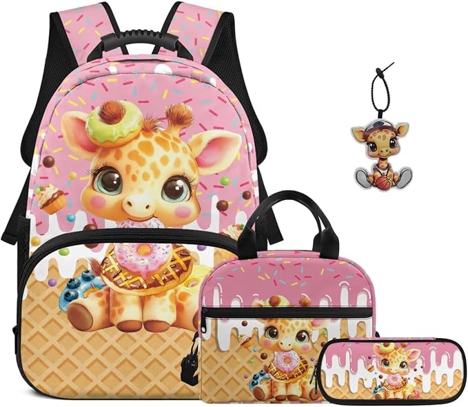 ZFRXIGN Ice Cream Giraffe Kids Backpack for Girls Bookbag with Pendant 17inch Elementary School Bag and Insulated Lunch Box Pencil Case Back to School Supplies