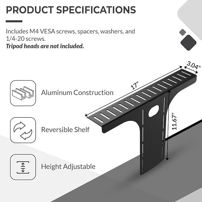 HumanCentric DSLR Monitor Mount Large, Desk Camera Mounting, Light Webcam, Microphone Shelf for Monitor VESA Arm, Replace Clamp Tripods, 100x100mm Patterns, Aluminum, Hardware Included