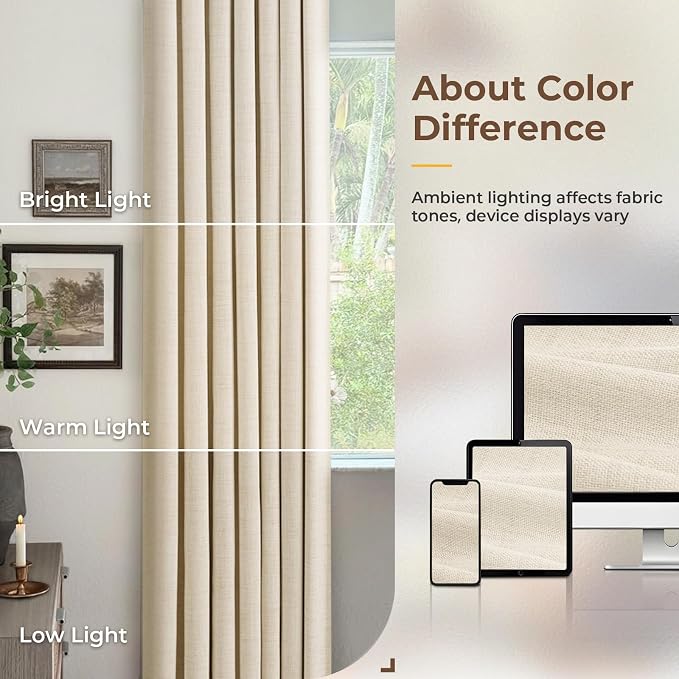 INOVADAY 100% Blackout Curtains for Bedroom, Cream Black Out Curtains 63 Inch Long, Clip Rings Linen Blackout Drapes, Thermal Insulated Room Darkening for Living Room, 2 Panels - W50xL63