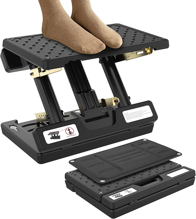 Footrest for Under Desk at Work,Height Adjustable Footrest with Massage Roller and Soft Pad,Foldable, Ergonomic fits Office,Home,Travel,Gaming,Sturdy Metal Frame,All-Season Use(Black)