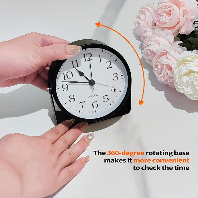 Desk Alarm Clock, Silent Non-Ticking Battery Operated Analog, Black | On-Demand Night Soft Light, 360° Rotatable, Metal Frame, for Bedroom Bedside, Shelf, Mantel, Office Desk, Travel