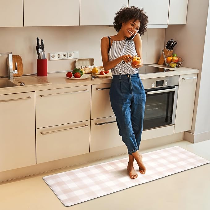 FRESHMINT Modern Farmhouse Plaid 2 Piece Set Kitchen Mats for Floor Anti Fatigue Waterproof & Non-Skid Kitchen Rugs Cushioned Kitchen Mat for Standing Washable Comfort Desk Kitchen Runners