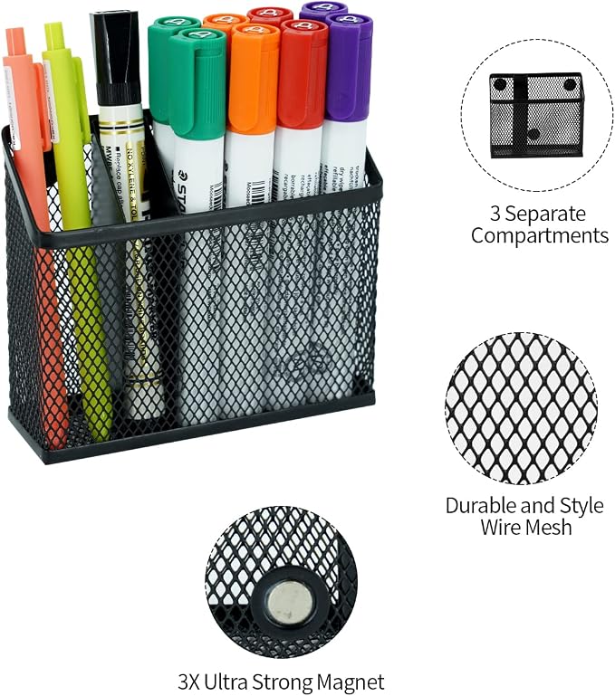 Neudeco Magnetic Pen Holder, Black, 2 Pack, 3-Compartment Metal Mesh | Magnetic Organizer for Whiteboard, Refrigerator, Locker & Filing Cabinet, Dry Erase Marker Holder