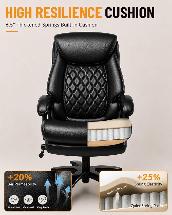 Big and Tall Executive Office Chair with Adjustable Lumbar Support, Extra Wide Seat, Heavy Duty Computer Desk Chair for Long Working Hours, Gaming & Home Office, Quiet Rolling Wheels