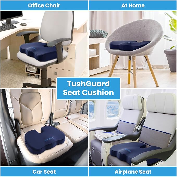 TushGuard Memory Foam Seat Cushion for Office Chair, Car Seat, Blue, XXL | Office Chair Cushion for Car, Airplane - Chair Pad for Long Sitting Sciatica, Hip, Coccyx,Tailbone Pain Relief, Butt Pillow