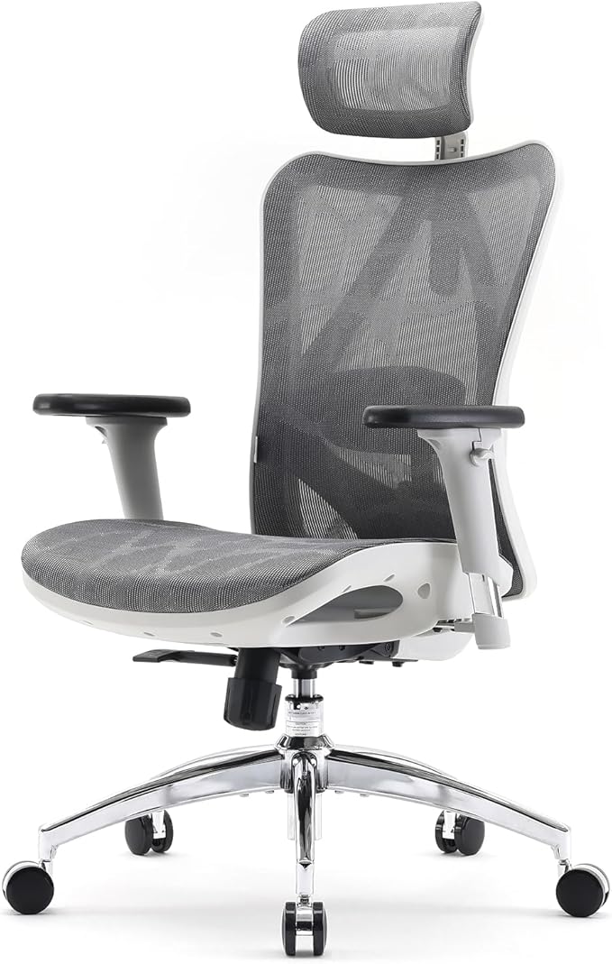 SIHOO M57 Ergonomic Mesh Office Chair, High Back Home Desk Chair with 3D Armrests, Lumbar Support and Adjustable Headrest, Comfortable Computer Chair, Big & Tall Office Chair Hold 330 LBS-Light Grey