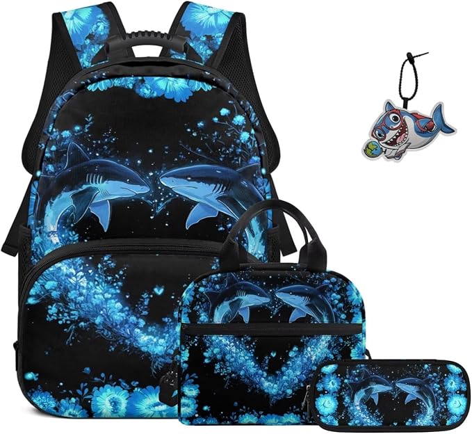 ZFRXIGN Shark Teen Boys Backpack for School with Cute Pendant 4PCS Backpack Set 17inch Middle High School Bag and Lunch Box Pencil Case Back to School Supplies