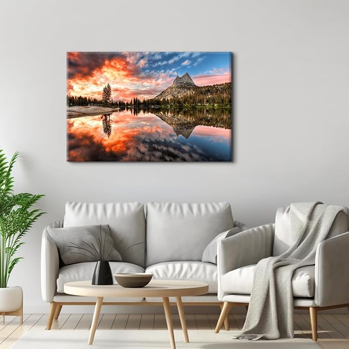 Colorful Sunset Landscape Wall Art Nature Mountain Lake Wall Decor California Yosemite National Park Forest Pictures for Bedroom Skyline Painting Canvas Posters Large Artwork Office Decorations 32x48"