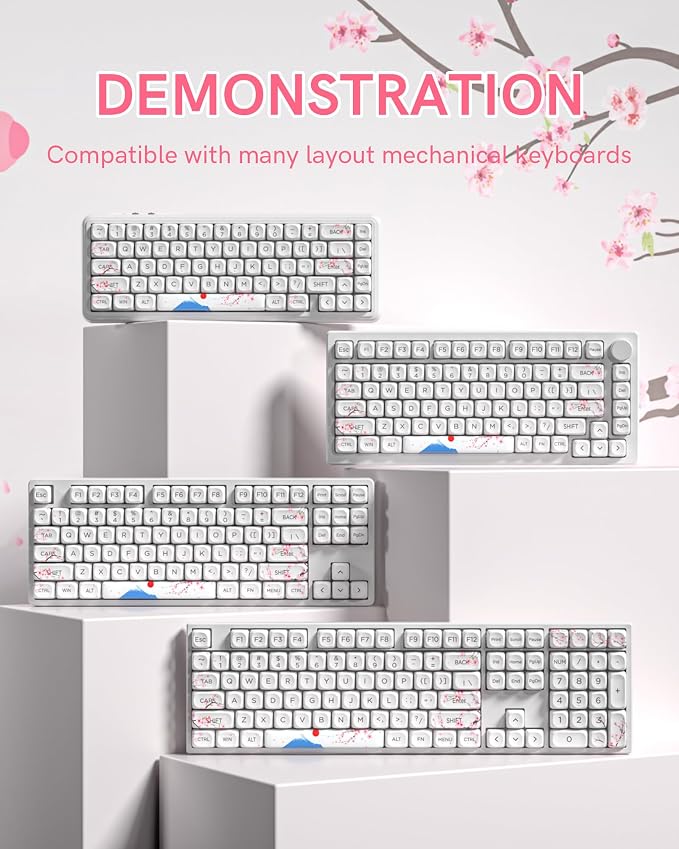 131 Cute Keycaps MOA Cherry Blossom keycap Theme Japanese Keycap Set for Mechanical Keyboard for 61/68/84/87/98/99/100/104/108 Keys,White(Only Keycap Set)