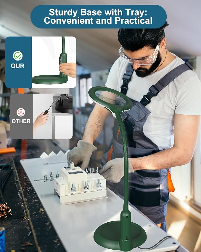 12X Magnifying Glass with Light and Stand, Real Glass, LED 5 Color Modes, Brightness Stepless Dimming Lighted Magnifier Hands Free, Flexible Gooseneck Desk Lamp with Clamp for Close Work, Craft, Green
