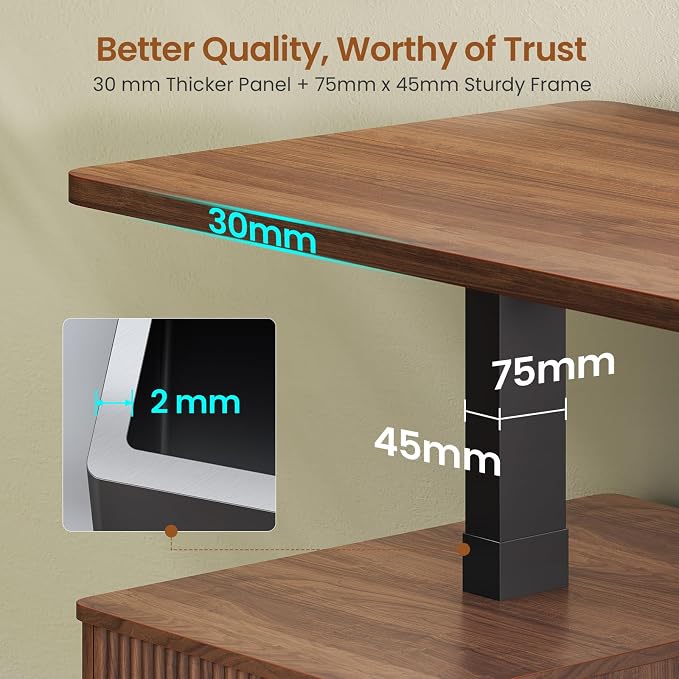 SEDETA Modern Fluted Electric Standing Desk, 63" Height Adjustable Computer Desk with 3 Drawers, Storage Shelves, Power Outlets, Wood Home Office Stand up Desk for Work, Study, Writing, Brown