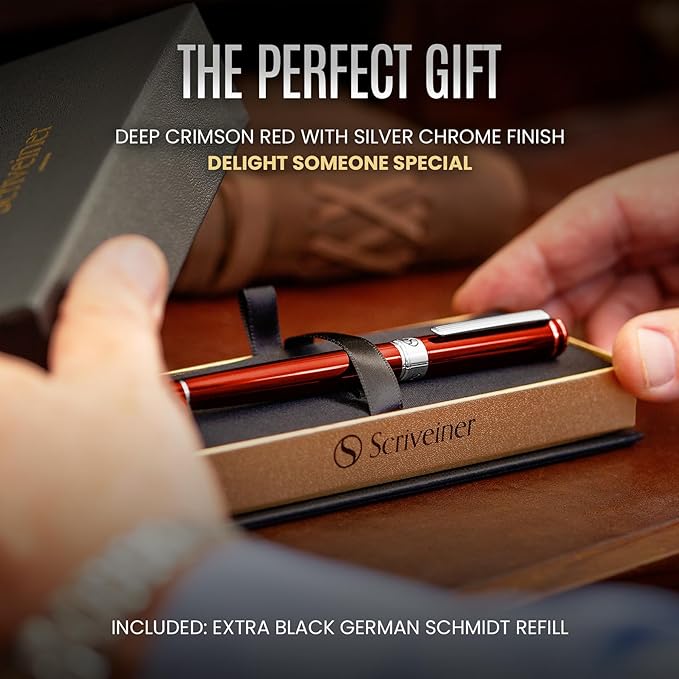 Scriveiner Deep Crimson Red Rollerball - Luxury Pen with Chrome Finish and Red Lacquer, Includes 4 Black Fine Rollerball Refills