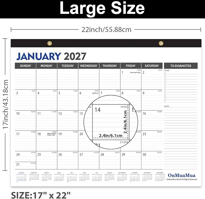 OuMuaMua Large Desk Calendar 2026-2027 - 19 Months from Jun. 2026 through Dec. 2027, 22 x 17 Inches Desktop Wall Calendar with Julian Date To-do & Notes, Corner Protectors for School Home Office