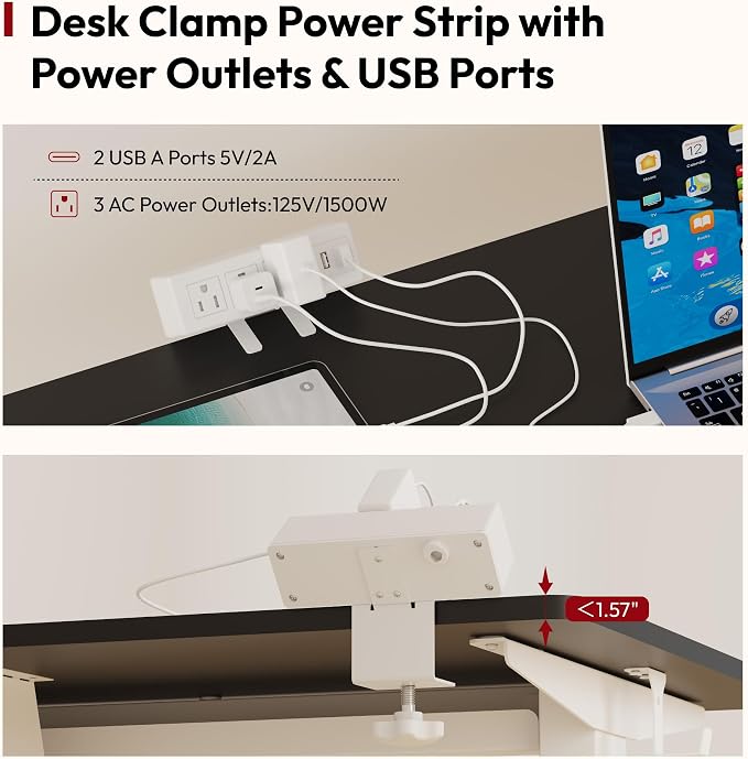 SANODESK Electric Standing Desk with Clamp Power Strip 48"x 24" Whole-Piece Desktop Height Adjustable Stand Up Desk with Cable Management Home Office Desk White Frame/Black Top