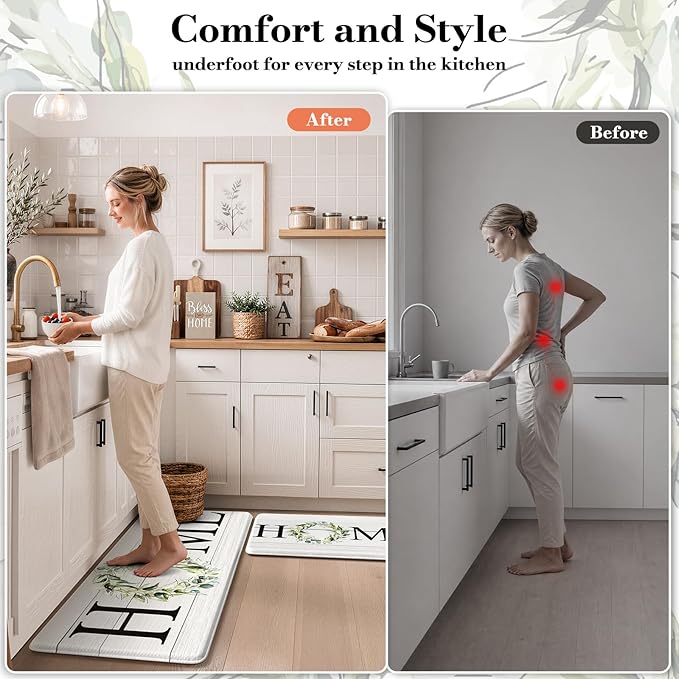 KIMODE Farmhouse Kitchen Mat 2PCS Anti Fatigue Kitchen Rugs Non-Skid Waterproof Kitchen Floor Mat Cushioned Comfort Standing Mat for Office,Laundry,Sink,Home
