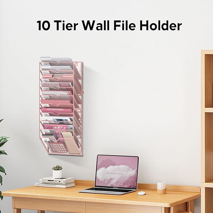 10 Tier Wall File Organizer Office Hanging Mail Holder Wall Mounted, Mesh Paper Document Organizer for Office Home School, Pink
