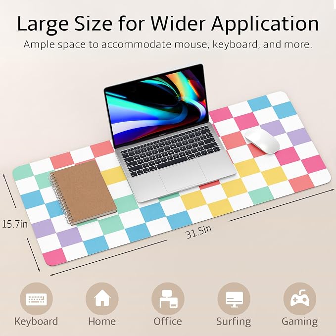 Mouse Pad Leather Desk Mat Large Keyboard Cute Office Desktop Computer Laptop XXL Long Big Aesthetic Modern Design Women Girls Gaming Gamer Oversized Wide Mousepad 31.5"x15.7", Color Plaid