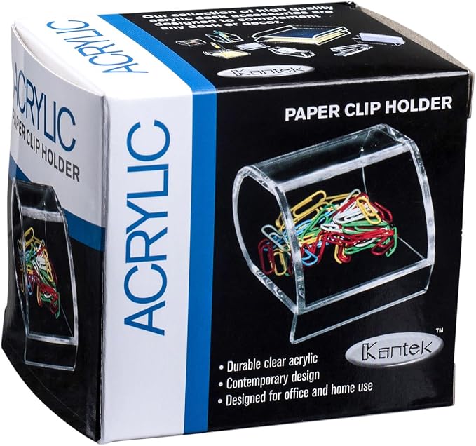 Kantek Clear Acrylic Paper Clip Holder, Angled Open Design, 3.1" x 3.3" x 2.6", Non-Skid Feet, Office Organizer, Desk Accessory