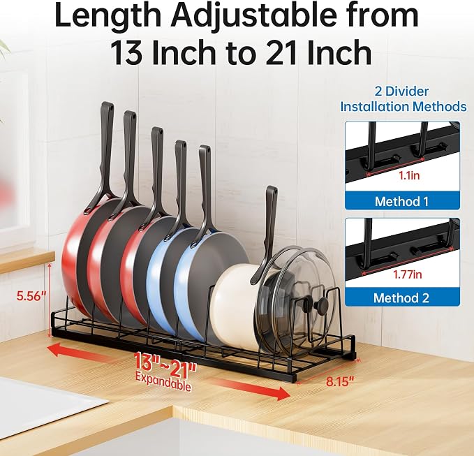 Expandable Food Container Lid Organizer with 9 Adjustable Dividers | Sturdy Metal Pots and Pans Organizer Rack for Home Kitchen Cabinets, Drawers, Pantry Shelves, Countertops, 8.15" Wide, Black