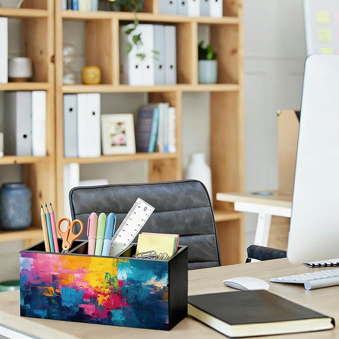 Modern Multicolor Tones Pen Pencil Holder for Desk, Gifts for Women Men, Office Humor Gifts for Coworkers Wooden Box Sign Organizer for Office Workplace Desk Accessories Tabletop Decorations