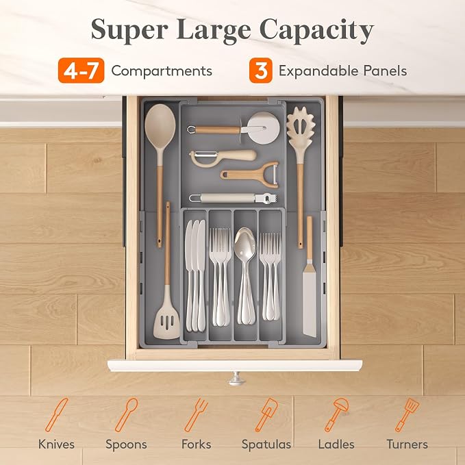 Lifewit Silverware Drawer Organizer, Expandable Utensil Tray for Kitchen, BPA Free Flatware and Cutlery Holder, Adjustable Plastic Storage for Spoons Forks Knives, 4-7 Slots, Gray