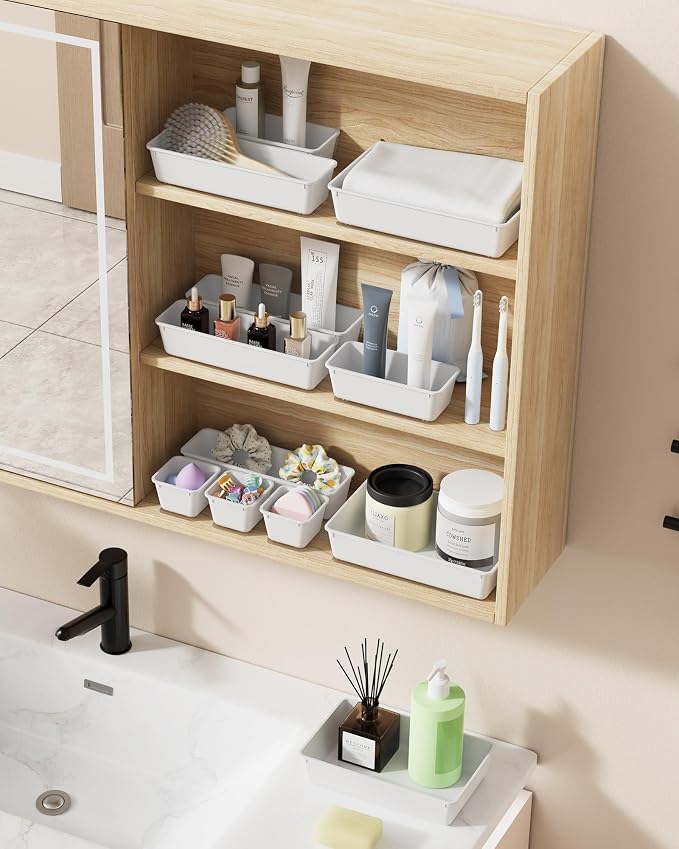 BiuLeon 25 PCS Plastic Drawer Organizers Set, 4-Sizes Vanity and Makeup Organizer, Desk and bathroom Drawer Organizer Trays, Organizers and Storage for Makeup, Jewelry, Gadgets, Utensils (White)