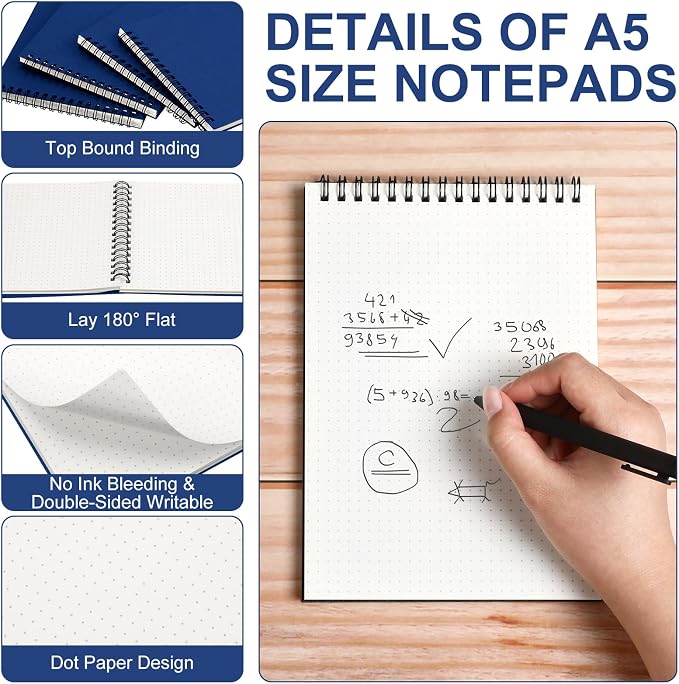 Engrowtic 2 Pcs Dot Grid Notebook Top Spiral Notebook A5 Size Bullet Dotted Paper Hardcover Dot Journal 8.3''x 5.8'' 140 Pages Spiral Notepads for Sketching Drawing Writing School Office (Dark Blue)
