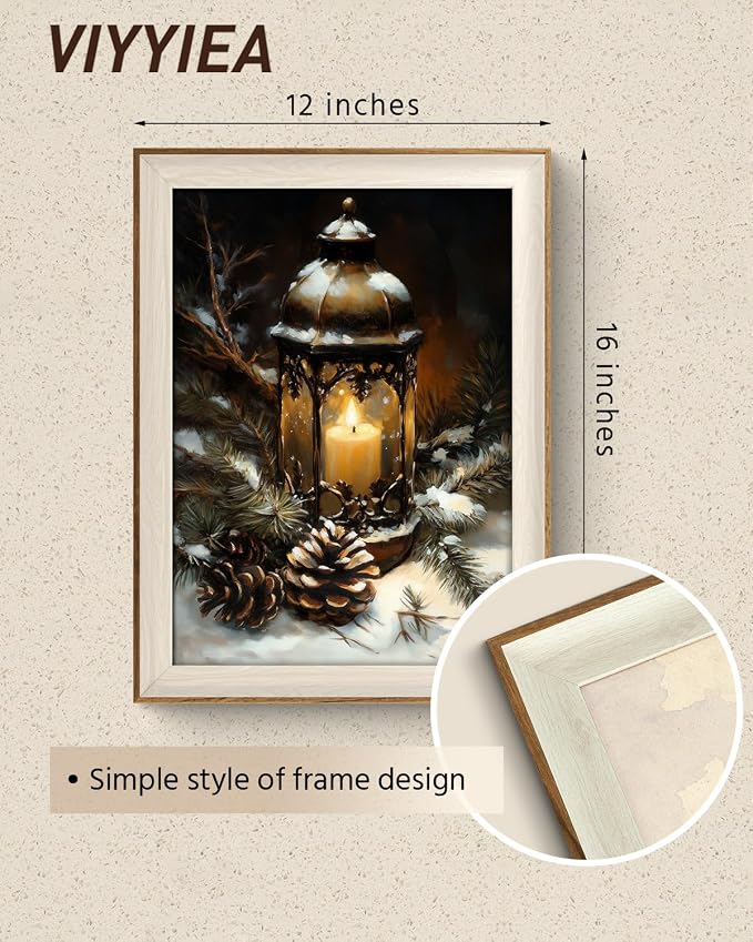 VIYYIEA Winter Framed Wall Art for Living Room, Oil Lamp Canvas Prints, Oil Painting Home Decor, Christmas Picture, Bathroom Wall Decor Gifts for Friends or Family - 16L x 12W