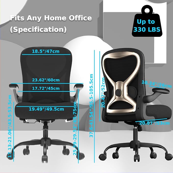 Ergonomic Home Office Chair – 4-Way Lumbar Support, 3.54" Extra-Thick Seat Cushion, Breathable Mesh Back, Flip-Up Arms, Swivel Computer Desk Chair for All-Day Sitting, 330LBS