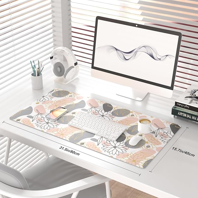 QIYI Large Mouse Pad, Extended Desk Mat for Desktop, PU Leather Waterproof Gaming Mousepad, Computer Desk Accessories Protector Writing Pads for School Office Home 31.5" x 15.7" - Line Art Flowers