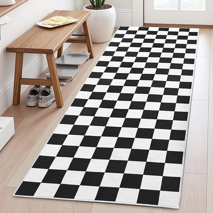Terrug Black and White Checkered Area Rug for Kitchen,2x6 Runner Rugs Washable with Non Slip for Bedroom,Soft Low Pile Stain Resistance Retro Carpet for Entryway Hallway