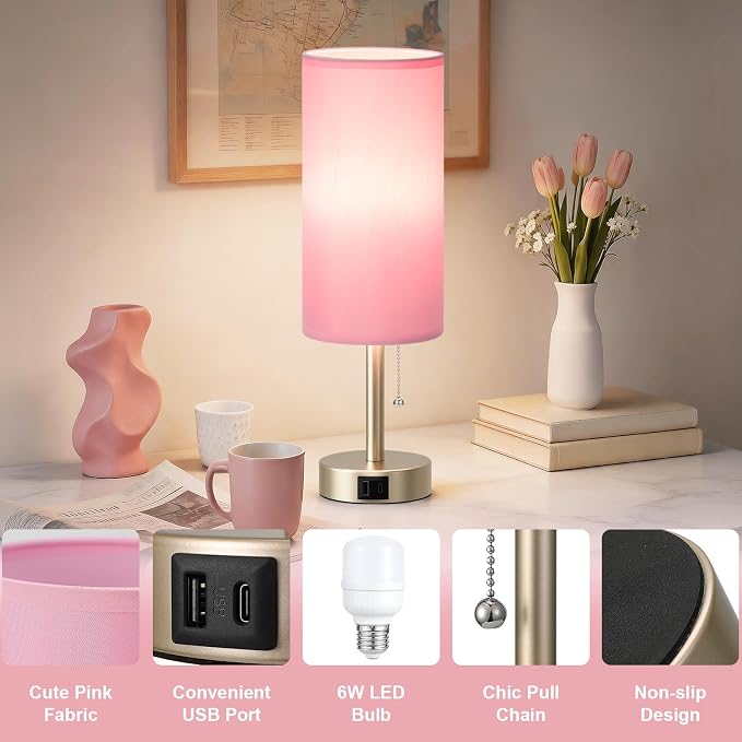 Dicoool Pink Bedside Table Lamp for Bedroom, Small Nightstand Lamp for Girls, 3 Color Temperatures & USB Charging Port, Cute Desk Lamp for Kids Teens Room Decor, Dorm Room Essentials