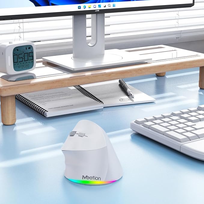 MEETION Left-Handed Ergonomic Wireless Vertical Mouse with RGB, Bluetooth (5.2 + 3.0) & 2.4G USB, 4 Adjustable DPI for Mac/Windows/PC/Tablet/iPad, Gray