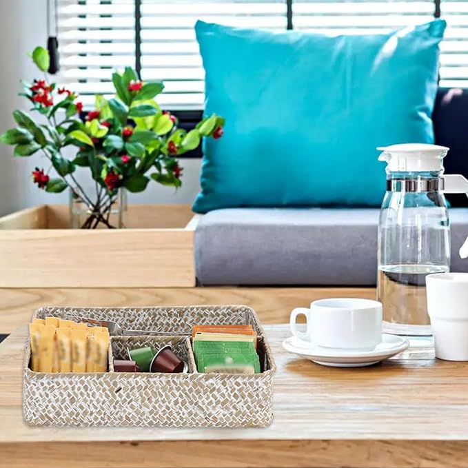 BTSKY Desk Drawer Organizer Tray, Coffee Station Organizer Tea Bag Organizer, Woven Seagrass Storage Basket with 4 Divided Sections Handwoven Wicker Basket for Shelves, Pantry, Coffee Bar (White)