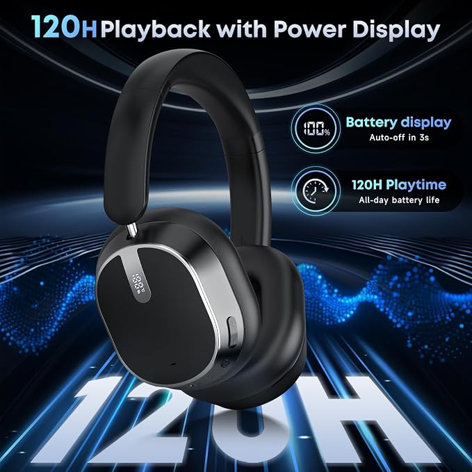 Hybrid Active Noise Cancelling Bluetooth Headphones Wireless Headphones | Over Ear, 120H Playtime, Hi-Res Audio, Deep Bass, Memory Foam Ear Cups for Home Office Travel Black