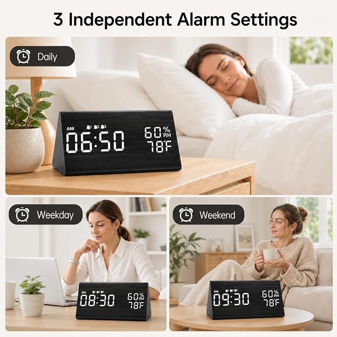 JALL Wooden Digital Alarm Clock for Bedrooms and Office, 3 Alarms with Big Digits, Humidity and Temperature Display, 6-Level Dimmer, Snooze, Loud Desk Clock for Heavy Sleepers, Plug in (Black)