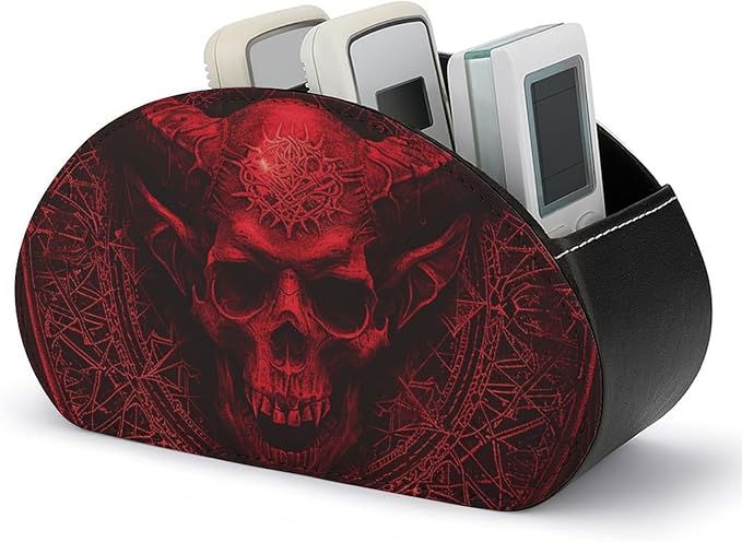 Demon Skull And Horns Remote Organizer Caddy for Table Remote Control Holder Leather TV Remotes Holder with 5 Compartments Remotes Caddy Media Storage Box for Desktop Organization