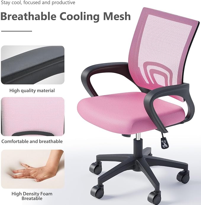 OS MOTOR Ergonomic Mid-Back Mesh Office Chair (Pink, 2 Pack) | Lumbar Support, Adjustable Height, Swivel Rolling Design, Comfy Armrest, Home, Office, Work, Study, Gaming, Vanity