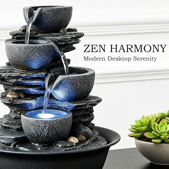 10.6” High Tabletop Water Fountain - 4-Tier Tabletop Fountain Indoor with LED Light, Rock Style Cascading Desk Fountain, Zen Relaxation Water Feature for Office, Living Room or Bedroom Decor