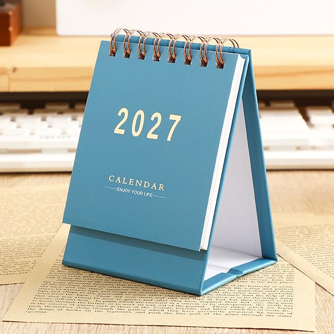 Mini Desk Calendar 2026-2027 - Runs From January July 2026 until Dec 2027, 18-Month Small Desktop Calendar 250gsm Thick Paper Twin-Wire Binding for Home or Office (Blue)