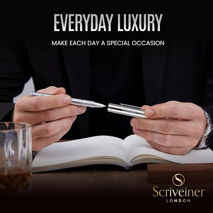Scriveiner Personalized Silver Chrome Rollerball, Award Winning EDC Pen, Heavy Pocket Pen with Chrome Finish, Best Engraved Roller Ball Gift Set for Men & Women, Custom Name Engraving
