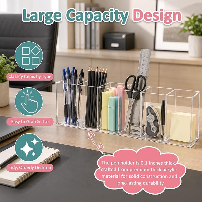 Mototo Acrylic Pen Holder Back to School 6 Compartments Pencil Organizer | Clear Pencil Cup Desktop Caddy Makeup Brush Storage Solution for Cosmetic Office Bathroom Kitchen Home Coffee Bar Container