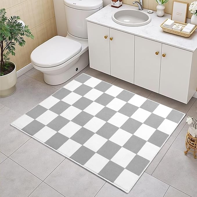 Terrug Grey and White Checkered Rug for Entryway,2x3 Small Area Rugs Washable with Non Slip for Kitchen,Soft Low Pile Retro Carpet for Bedroom Front Door Porch