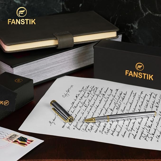 FANSTIK Customized Silver & Gold Luxury Rollerball pen, fancy gift set for women, Real 24K Gold Plating, Professional executive pen gift set for men (Lux Custom-Rollerball Silver-Gld)