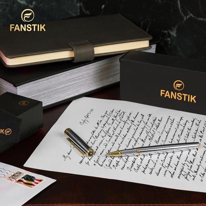 FANSTIK Silver&Gold Luxury Rollerball pen, fancy gift set for women, Real 24K Gold Plating, Professional executive pen gift set for men (Lux Rollerball Silver-Gold)