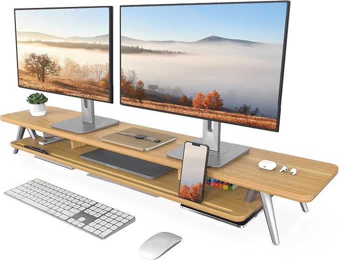 Fenge Dual Monitor Stand Riser, Wooden Desk Shelf with 2-Tier Storage | 47.3-Inch Extra Wide, Sturdy Aluminum Legs, Built-In Phone & Tablet Slot, Desktop Organizer for Office Accessories