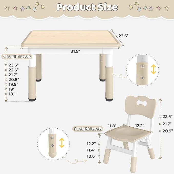 DOREROOM Adjustable Kids Table & 2 Chairs Set, 31.5" L x 23.6" W, Natural-W | Graffiti Desktop,Table Supports 300 lbs,Toddler Ages 2-8，FSC-certified, Children Activity Table for Daycare, Classroom, Home