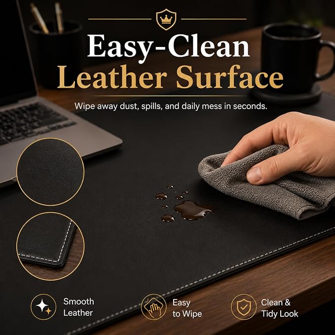 Fumete 31.5" x 17.7" PU Leather Desk Pad Mat, Large Waterproof Desk Blotter with Top Rail, Dual-use Writing Board & Mouse Pad for Office Home Desktop