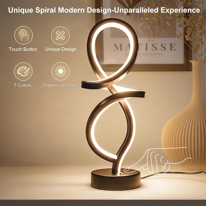 Mayful RGB Modern Table Lamp with 15W LED Spiral Spiral Design, Black Nightstand Lamp & Small Bedside Lamp, Touch Dimmable with 7 Colors & 10 Modes for Bedroom, Living Room, Office